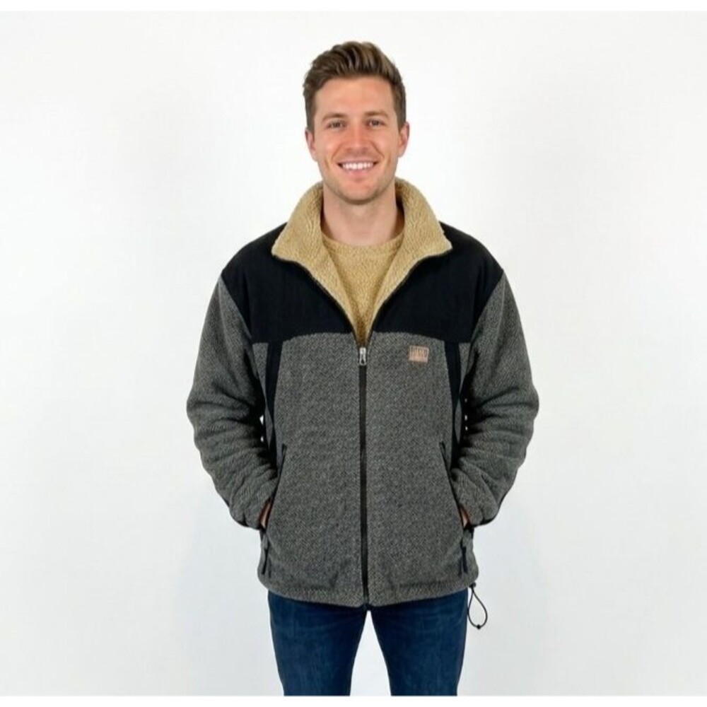 First Down Mens M Fleece Jacket Vintage Herringbone Sherpa Lined Full Zip Y2K